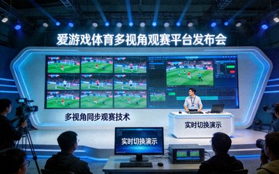 爱游戏体育多视角观赛平台发布会现场 - 大屏幕展示多个同步比赛画面与技术人员演示操作界面