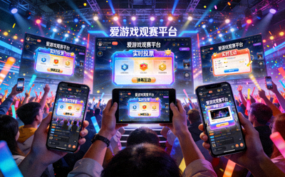 电竞赛事现场观众使用爱游戏观赛平台互动场景 - 现场大屏幕与观众个人设备多屏联动，气氛热烈