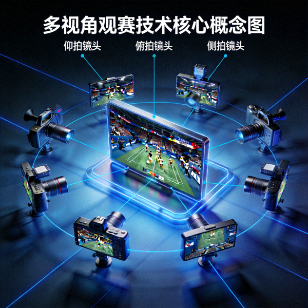 多视角观赛技术核心概念图 - 一个主画面周围环绕多个不同角度镜头