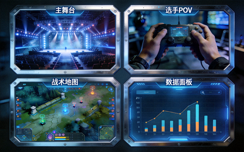 爱游戏多视角直播技术界面演示 - 同时显示主舞台、选手POV、战术地图和数据面板四个同步画面