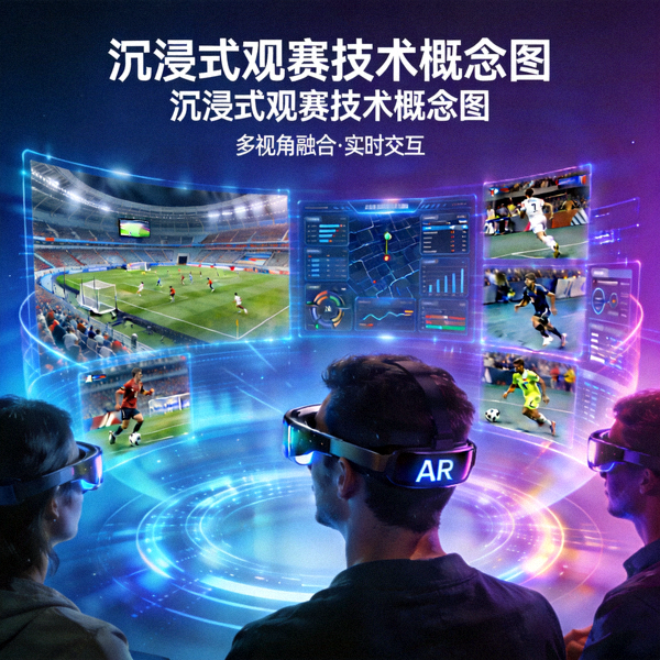 沉浸式观赛技术概念图 - 未来科技感观赛场景与多视角画面融合