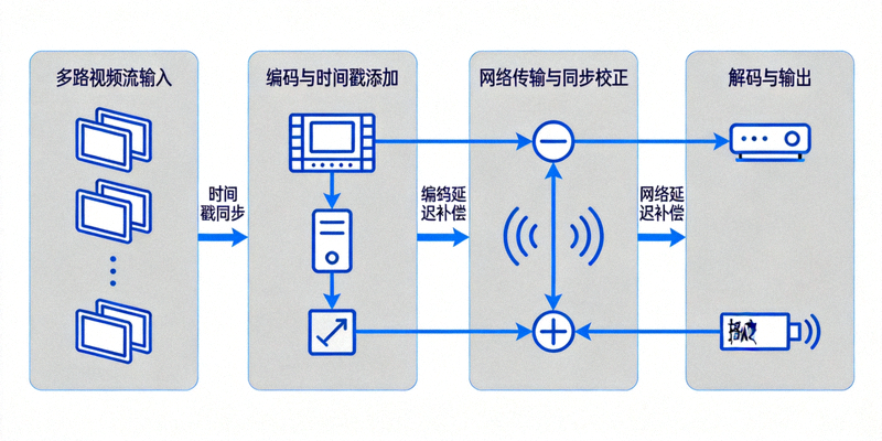同步流媒体网络技术示意图 - 展示多路视频流同步处理流程