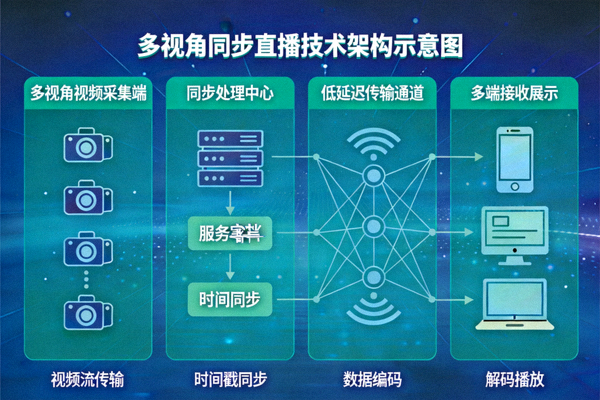 多视角同步直播技术架构示意图 - 展示多个视频流如何同步处理与传输