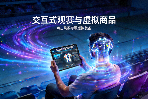 交互式观赛与虚拟商品概念图 - 展示用户在观看时可购买的虚拟球衣或特效