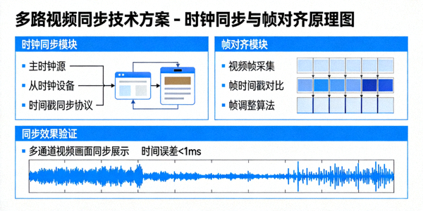 多路视频同步技术方案 - 时钟同步与帧对齐原理图