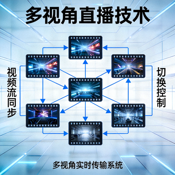 多视角直播技术概念图 - 展示多个视频流同步与切换的抽象示意图