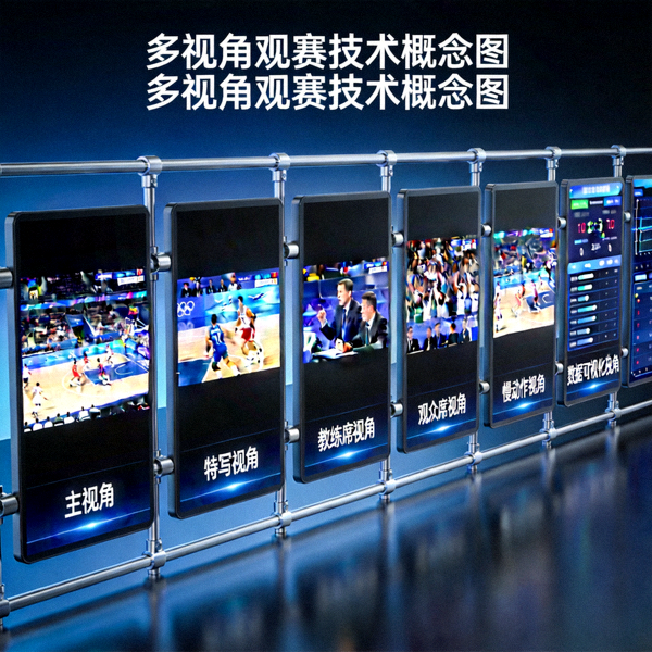 多视角观赛技术概念图 - 多个屏幕展示同一赛事的不同角度