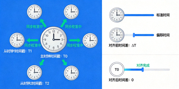 多视角视频流同步时间戳机制示意图 - 展示主时钟对齐过程