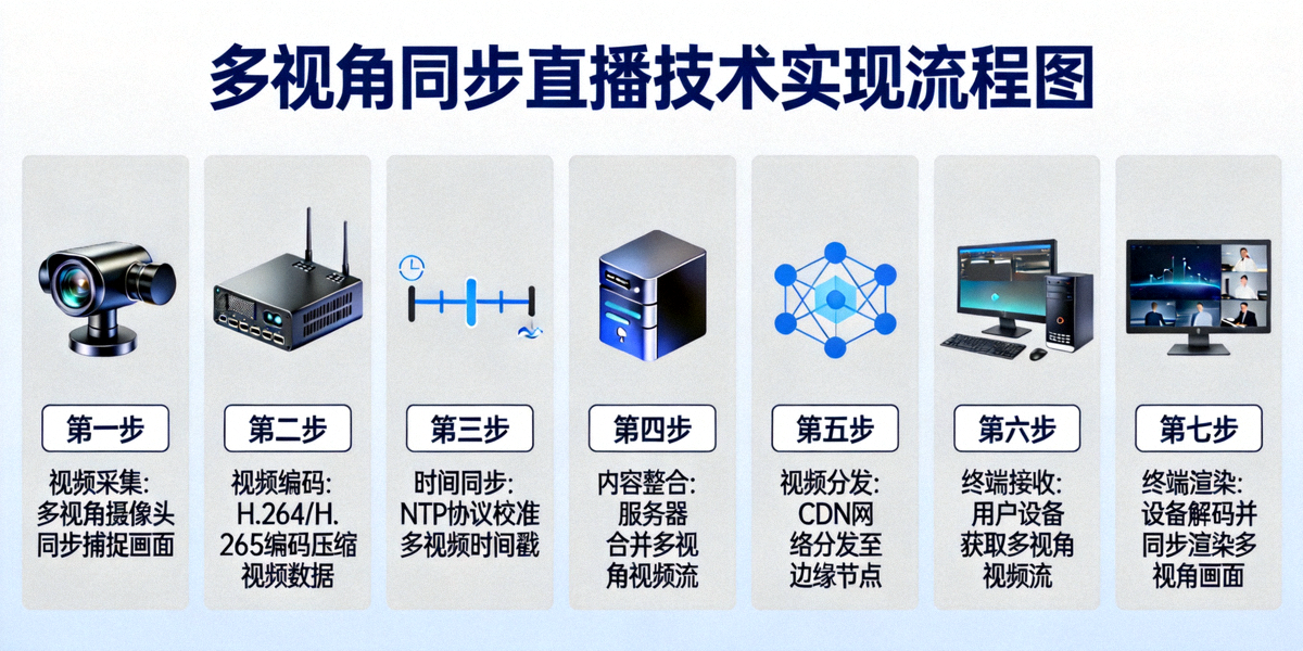 多视角同步直播技术实现流程图 - 从视频采集、编码、同步、分发到终端渲染的七个步骤